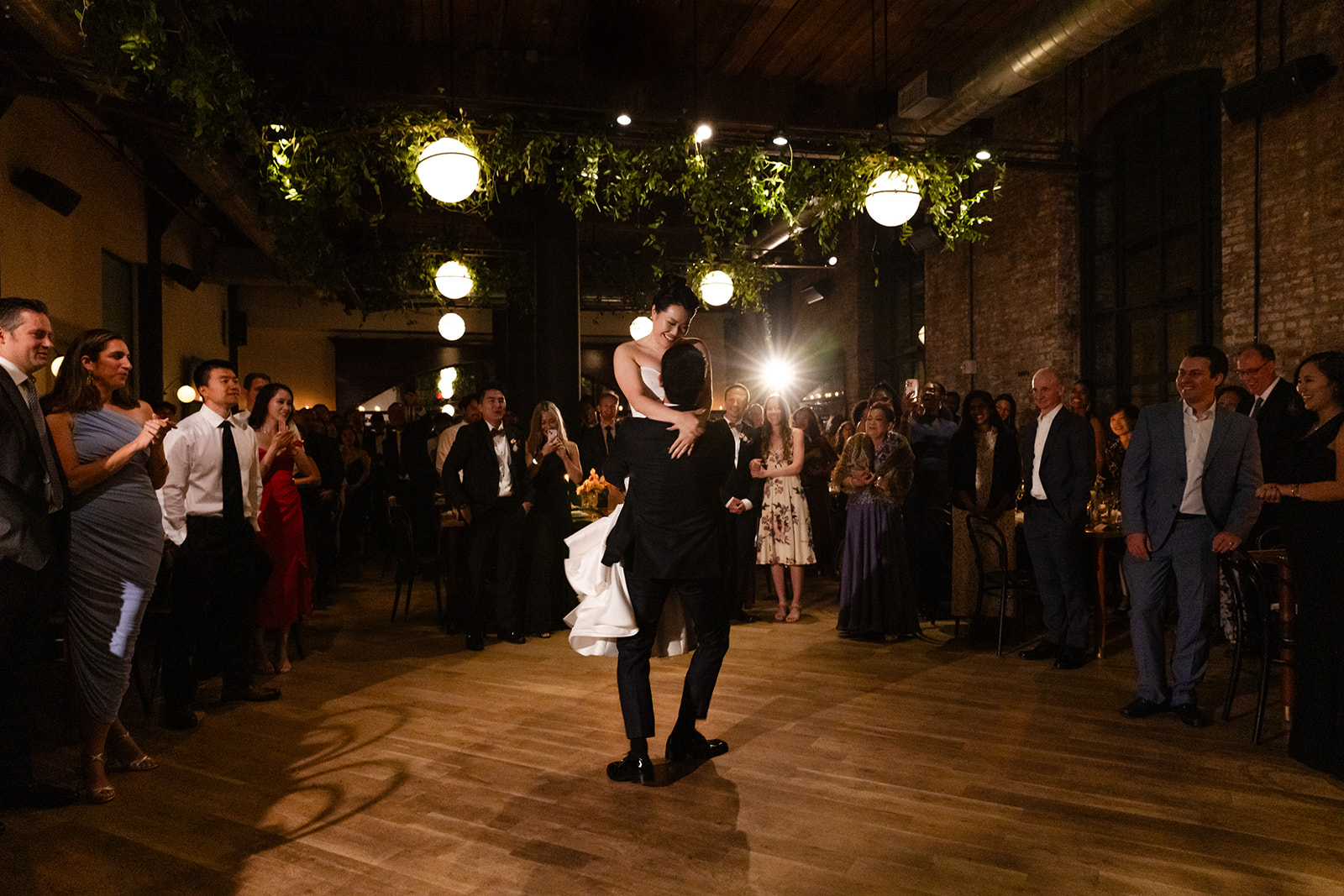 Bride and Groom on Dance Floor at Wythe Hotel Main Hall Wedding Reception